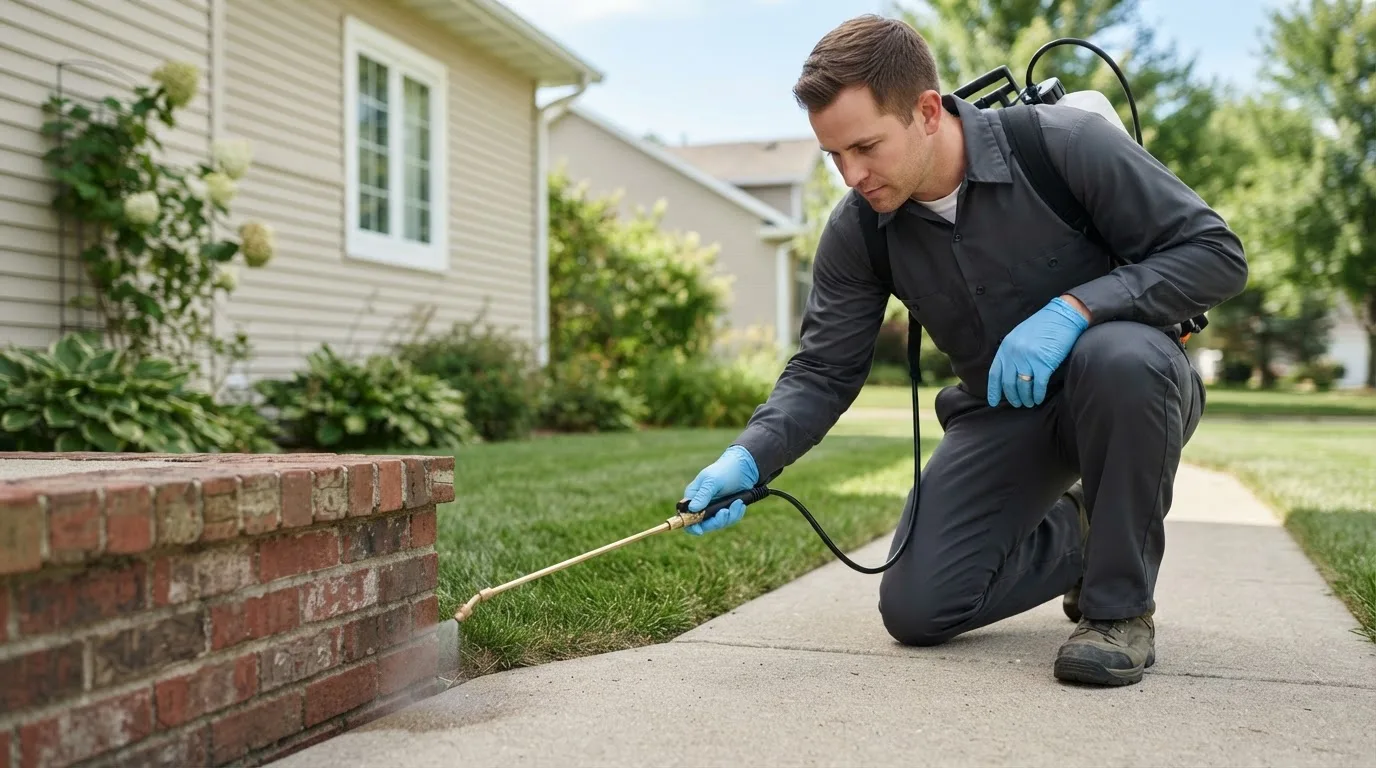 Pest control technician treating a home near Thornton, TX