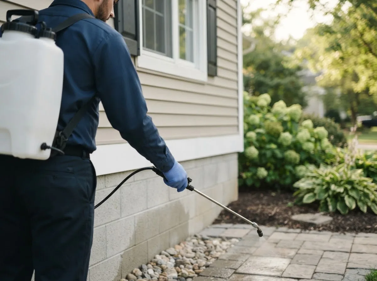 Pest control technician inspecting a home in Thornton, TX